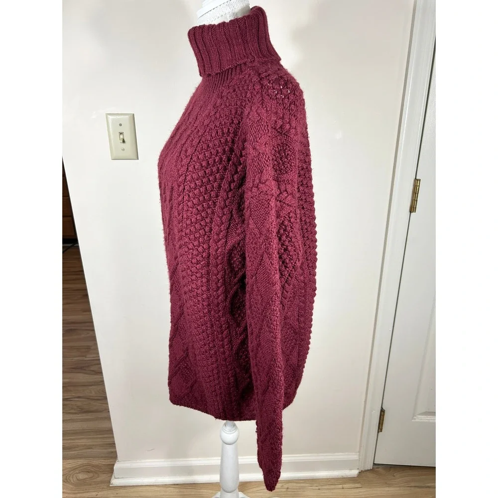 J. Crew Wool Cable Knit‎ Turtleneck Sweater Dress Women's M Burgundy Chunky Luxe